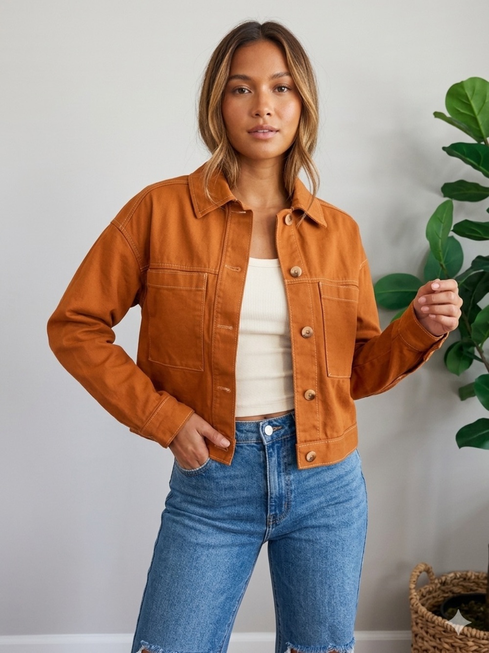 OLD NAVY Rust Brown Cropped Button Front Jean Jacket- Size M
